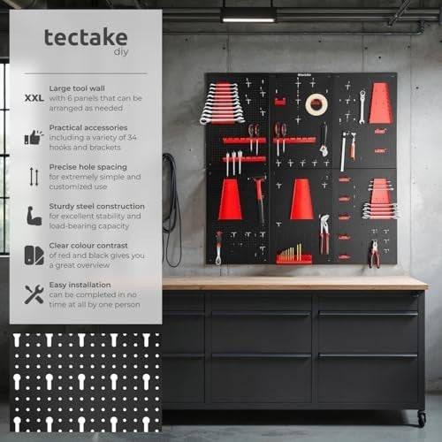 Wall-Mount Pegboard Kit 6PCS Alloy Steel Black/Red w/ Hooks & Holders 120x60cm