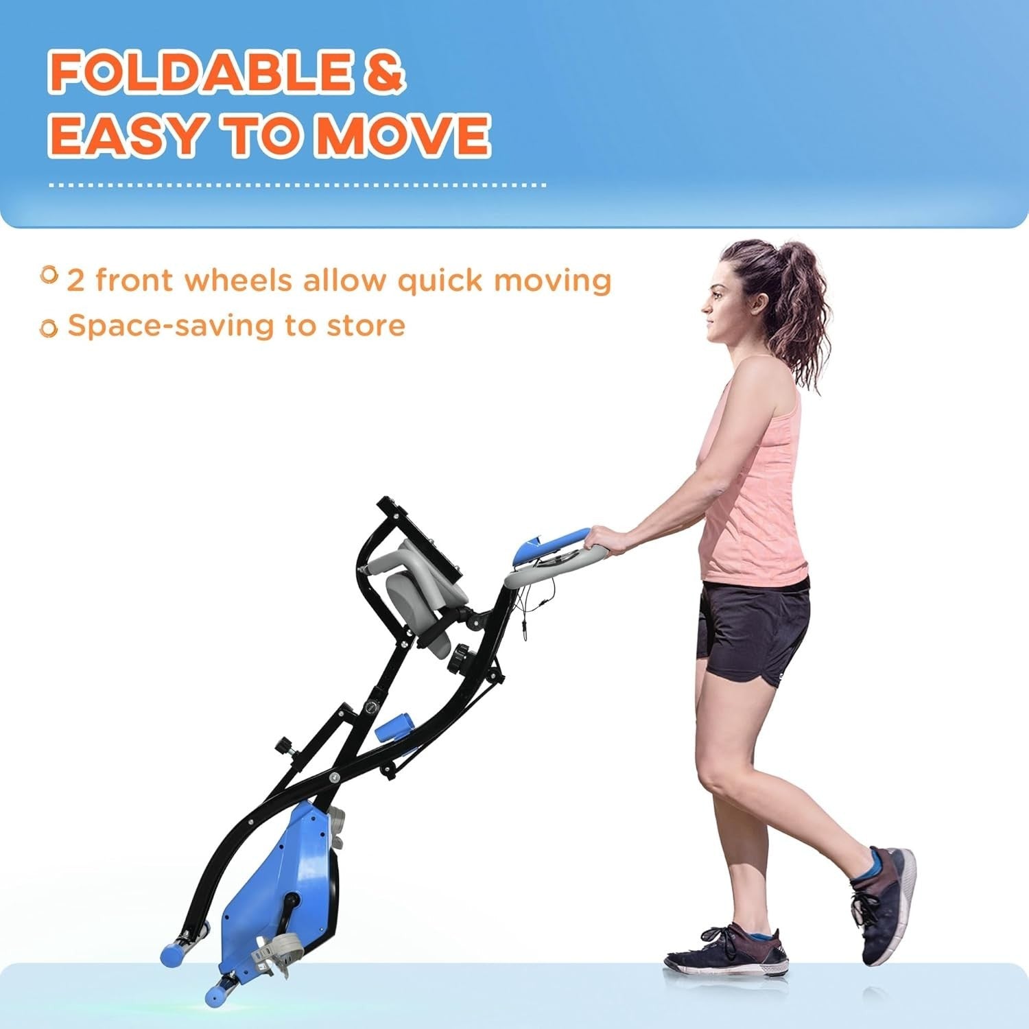 Light Blue 3-in-1 Folding Exercise Bike Magnetic Resistance LCD Pulse Bands