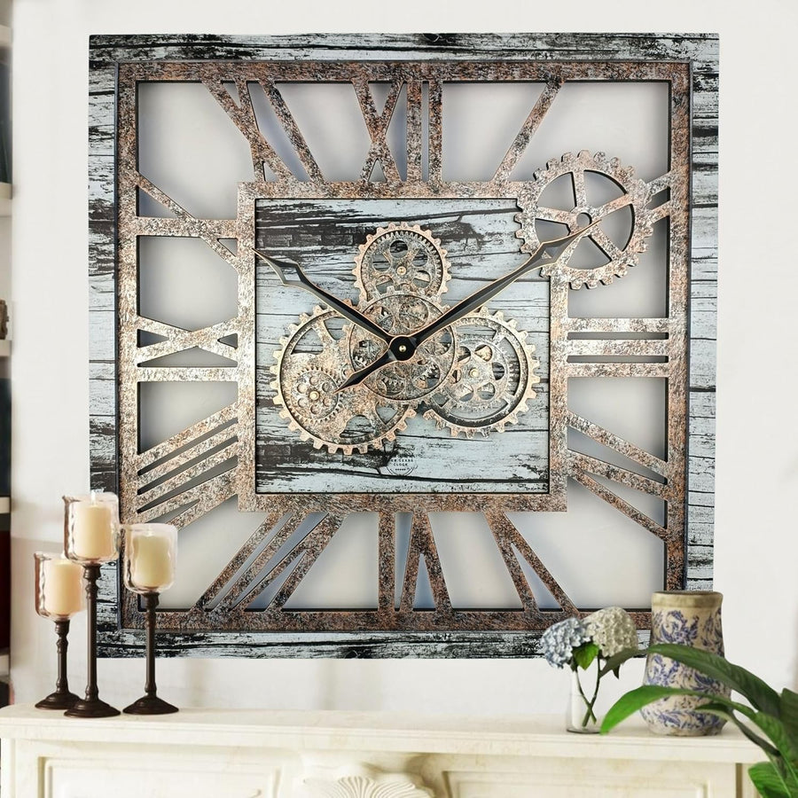 Oversized 24" Gear Wall Clock Square Grey & White Rustic Industrial Decor