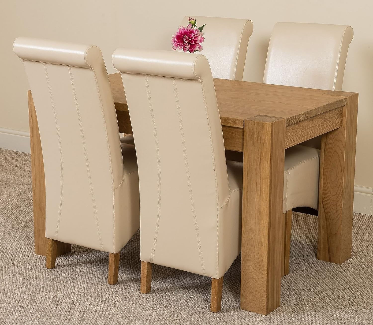 125x80cm Oak Small Dining Table & 4 Ivory Leather Chairs - Compact Set