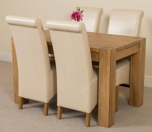 125x80cm Oak Small Dining Table & 4 Ivory Leather Chairs - Compact Set