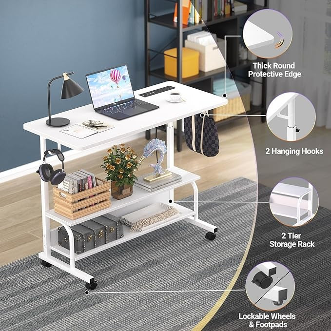 Portable Desk on Wheels Height Adjustable Standing Desk with Power USB White