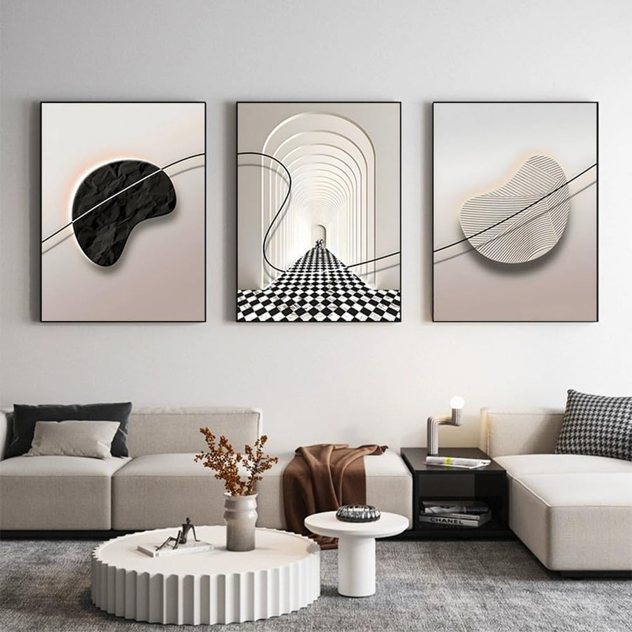 Large Black & White Abstract Framed Wall Art Set 3 Panels 24x32 in