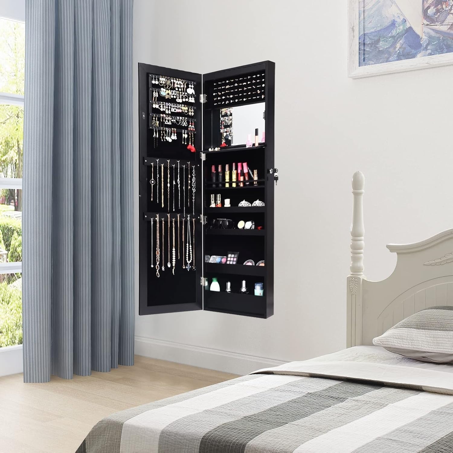 Black LED Wall Mounted Jewelry Cabinet Mirror Lockable Slim Organizer