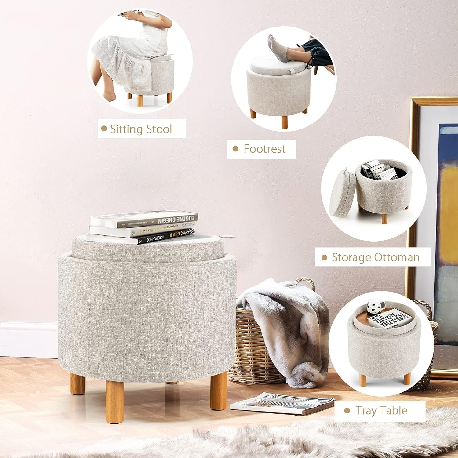 Beige Linen Round Storage Ottoman Stool 4-in-1 Footrest Tray Top Seat