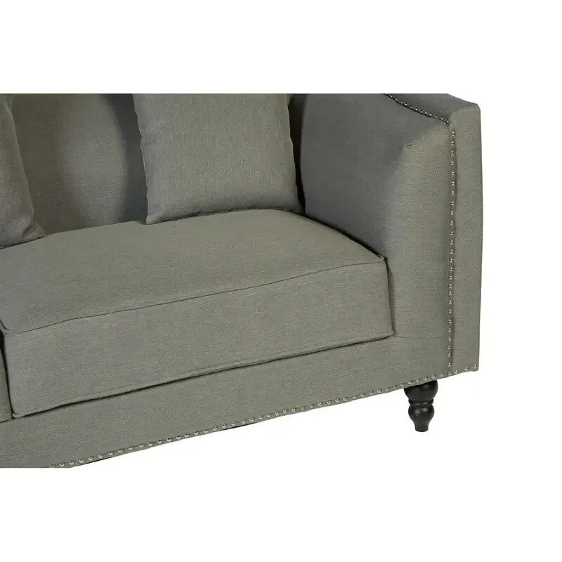 Grey Fabric 3 Seater Sofa w/ Silver Studs, Tuxedo Arms & Wood Feet