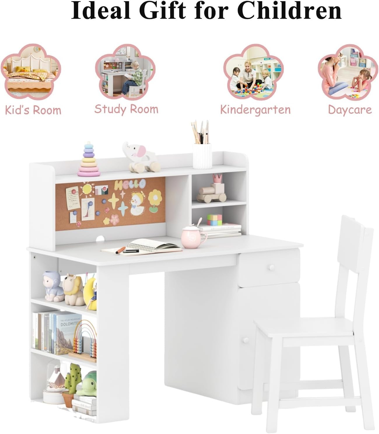 Kids Study Desk & Chair Wooden Table w/ Storage Shelf Drawer Cabinet White