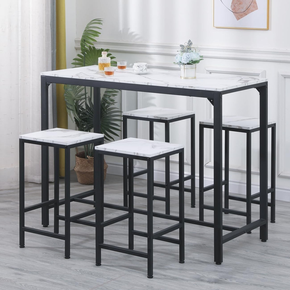 White Marble Dining Bar Table Set with 4 Stools Space-Saving Metal Frame