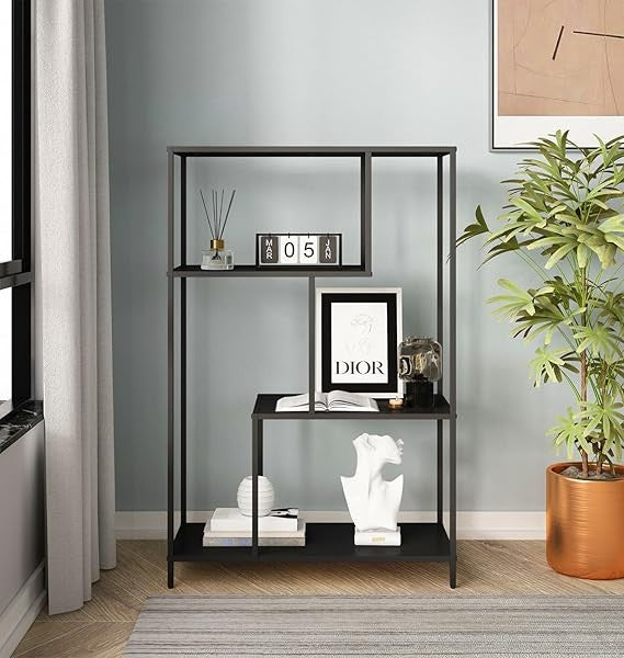 Tall Modern Metal Display Shelf Unit, 4-Tier Open Storage Bookcase Black