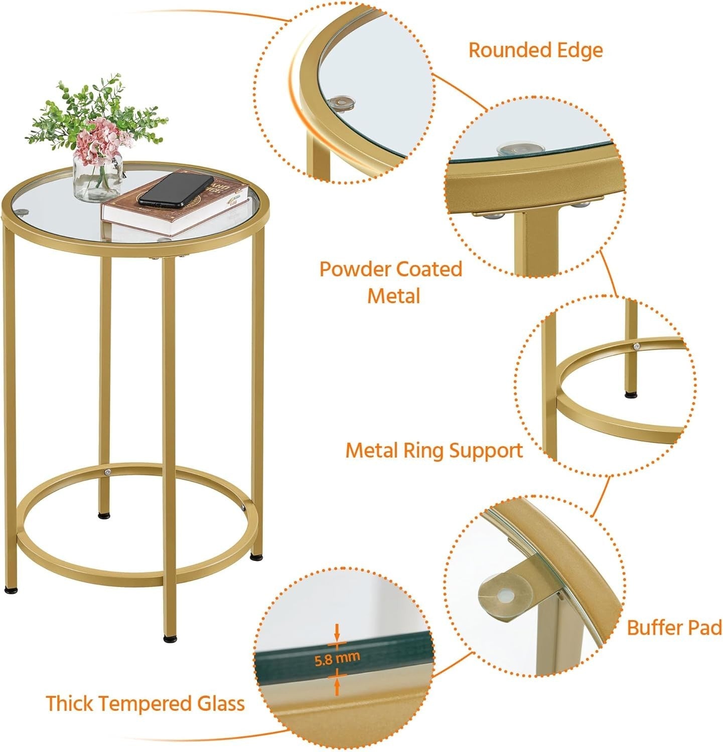 Round Tempered Glass Side Table with Metal Frame, 40.5cm Top, Durable & Stylish