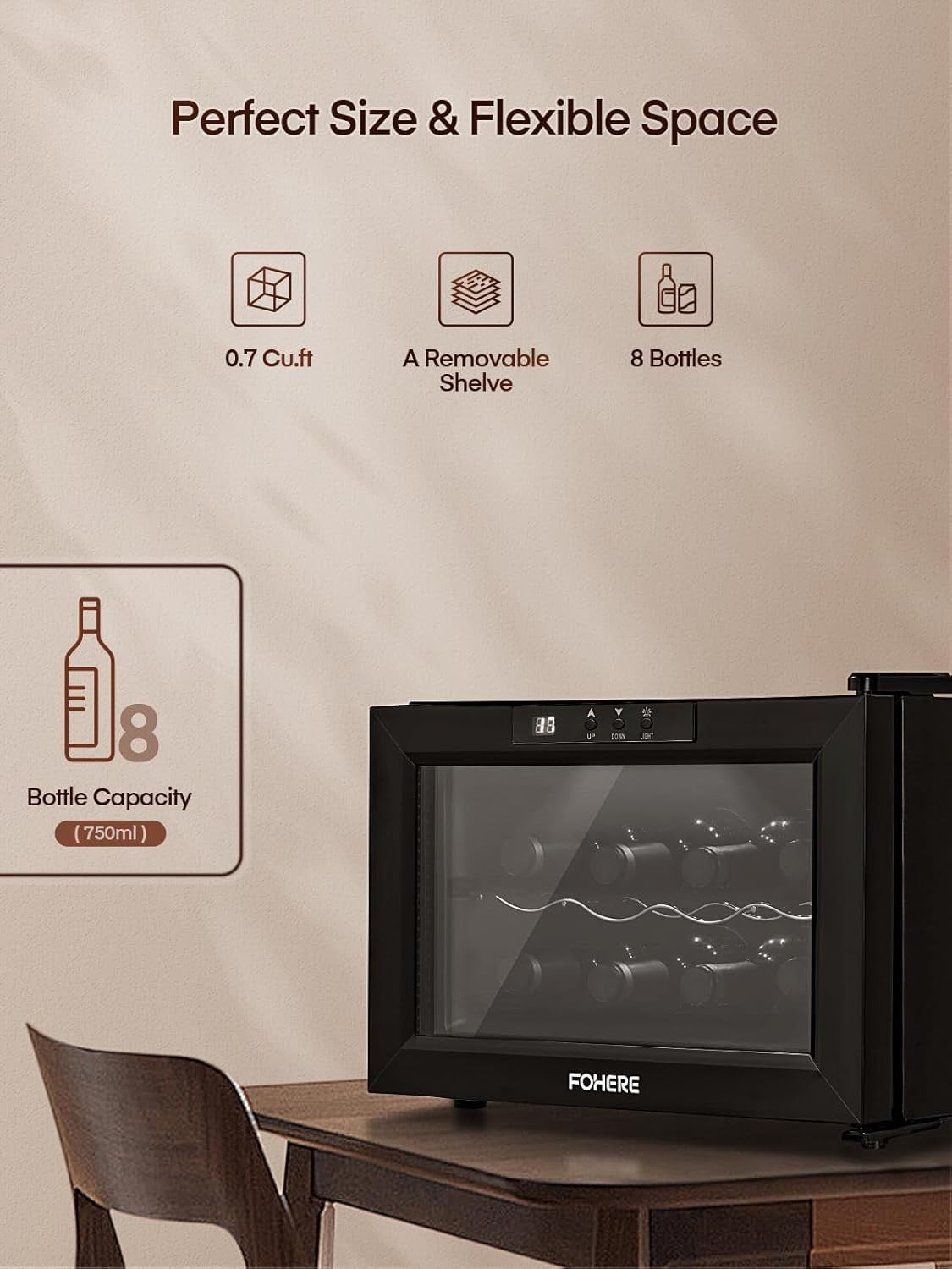 8 Bottle Wine Cooler Fridge Digital Temperature Control Quiet Tabletop