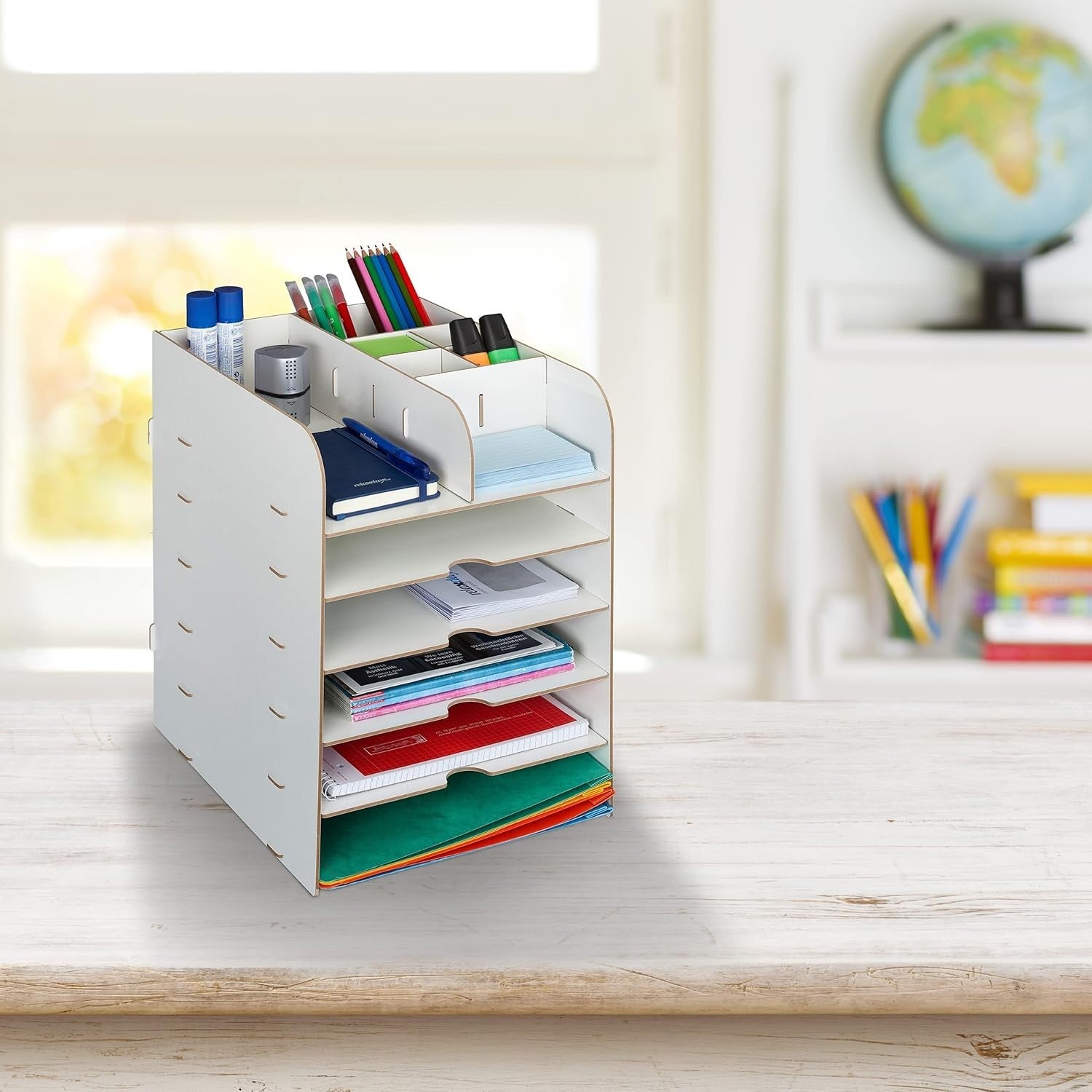 12-Compartment Desk Organiser with A4 Document Tray – White Office Storage