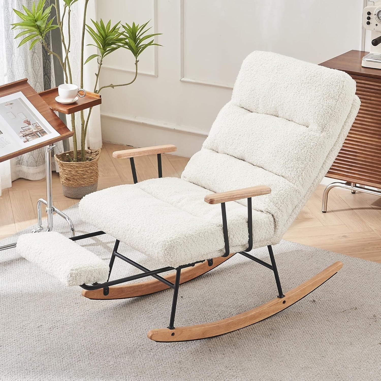 Tufted Fabric Recliner Rocking Chair with Footrest Adjustable Lounge Seat
