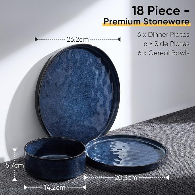 18pc Blue Stoneware Dinner Set Plates Bowls Reactive Glaze Service for 6