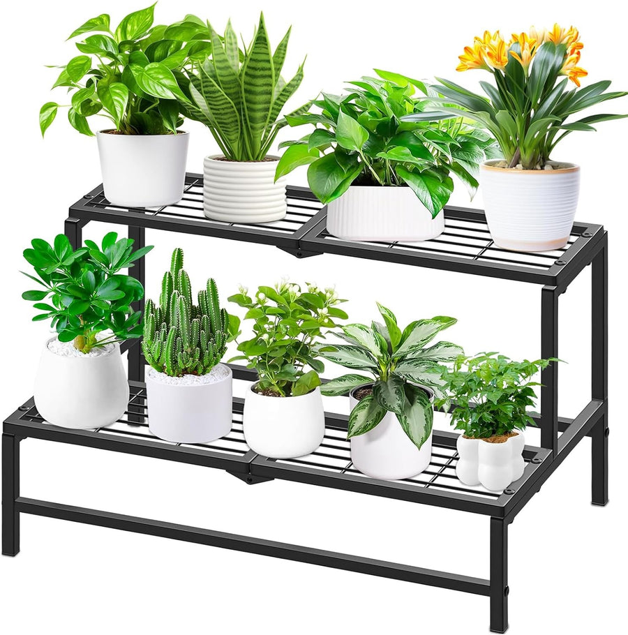 2 Tier Black Metal Plant Stand | Heavy Duty Indoor Outdoor Ladder Shelf Rack