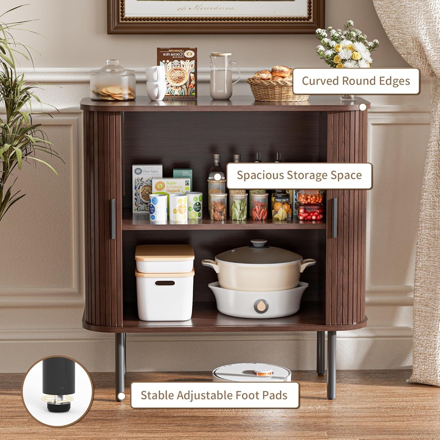 Walnut Sideboard Buffet Cabinet with Sliding Tambour Doors & Storage Shelf