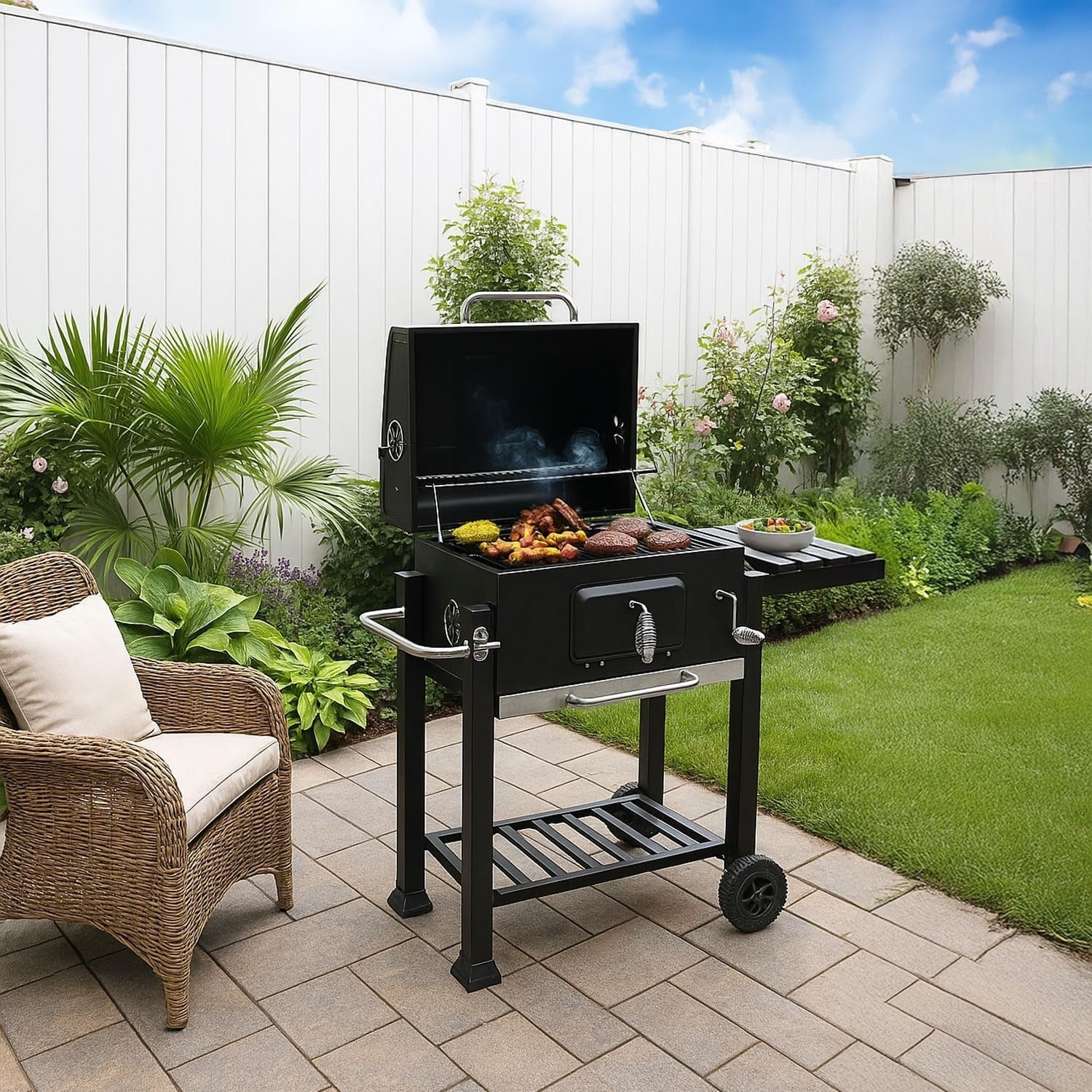 Portable Charcoal Smoker BBQ Grill | Adjustable Tray | Built-In Thermometer