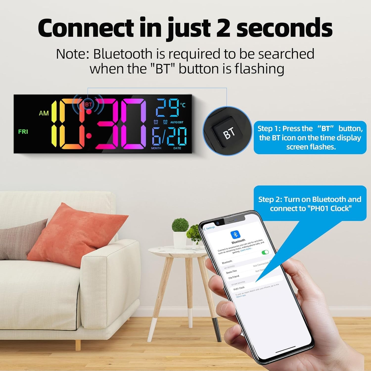 Large LED Digital Wall Clock 16.2" RGB Display Bluetooth Auto Sync Alarm Temp