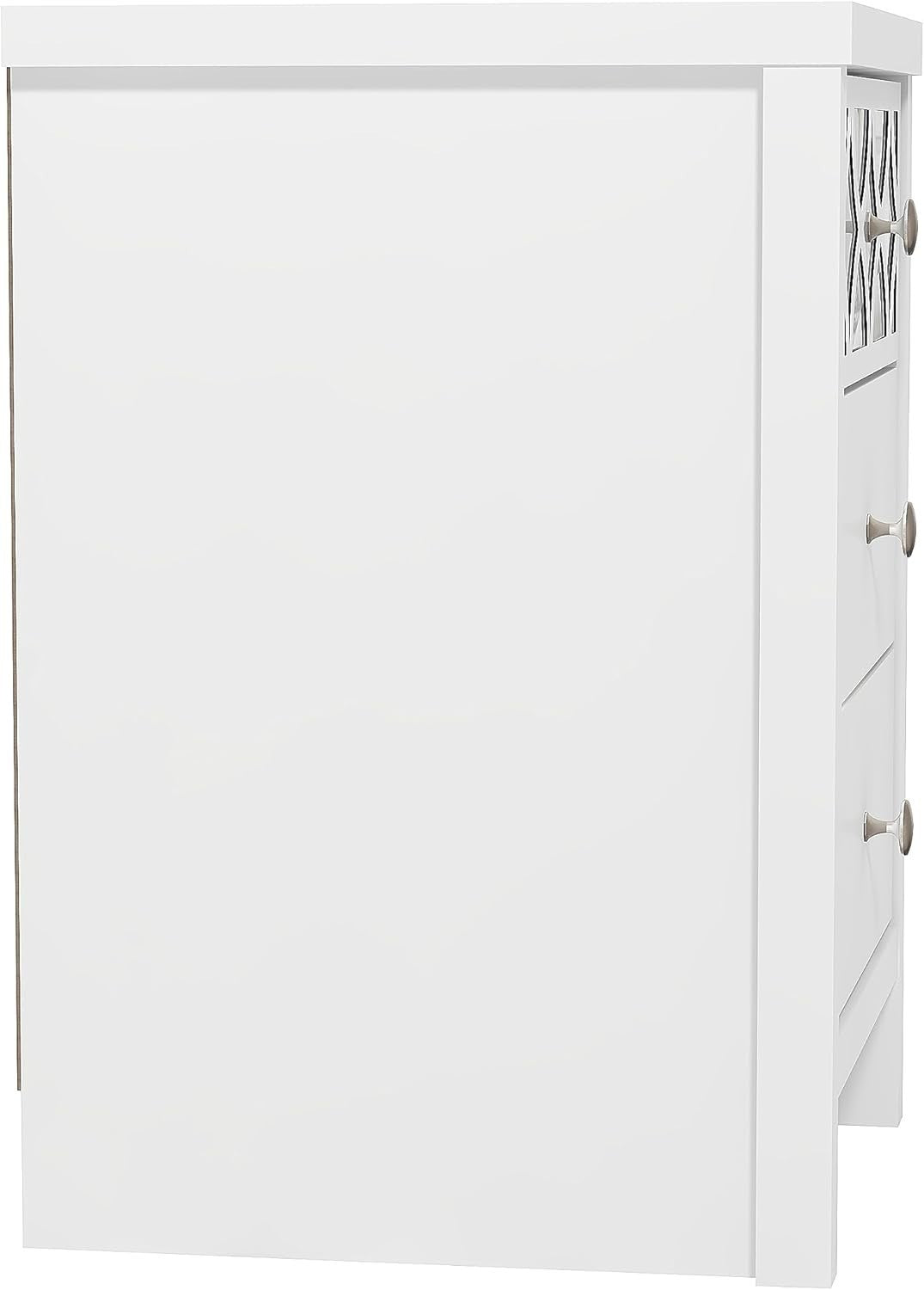 White 3 Drawer Bedside Table with Mirrored Panel, Modern Bedroom Cabinet 59x39cm