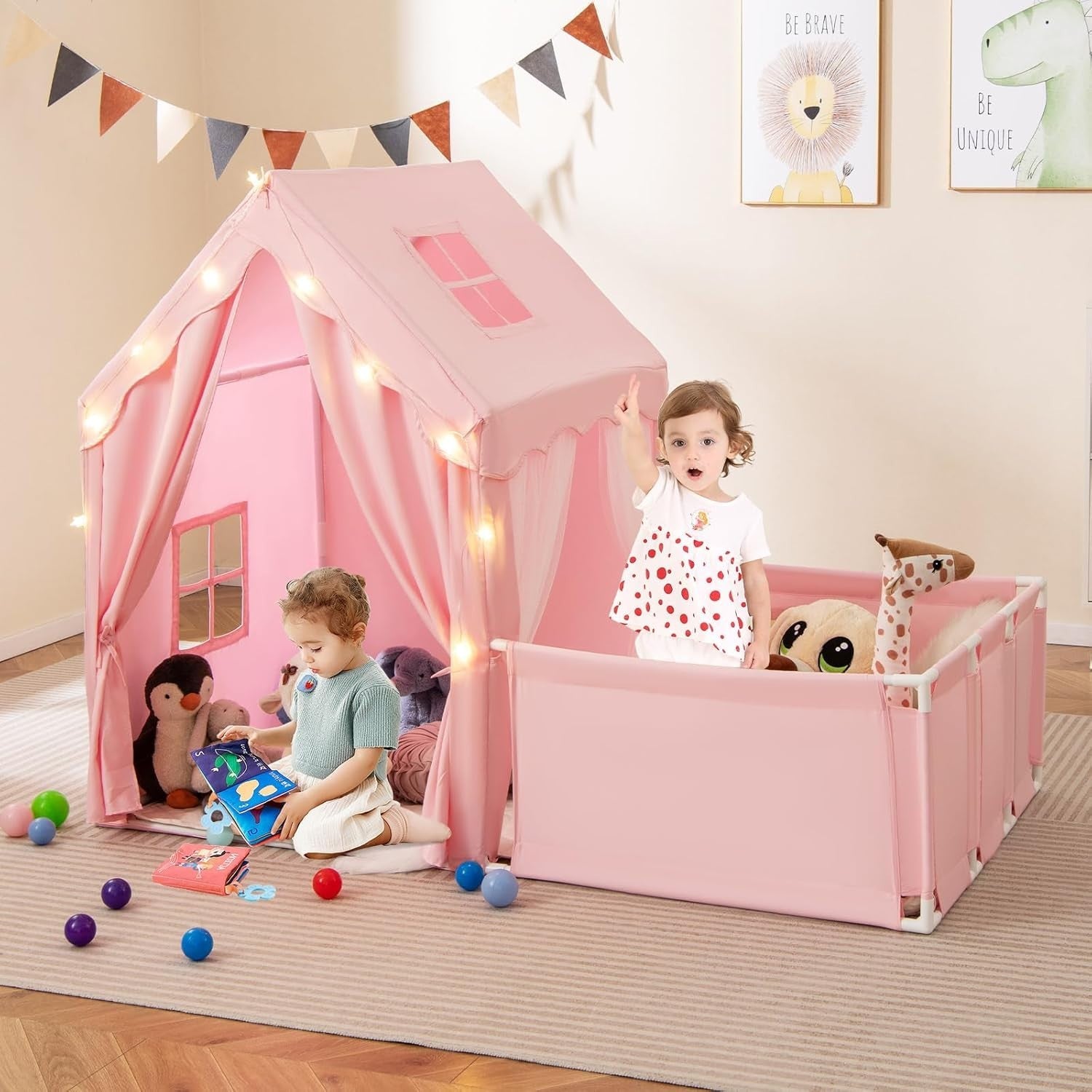 Kids Play Tent Pink Castle with Lights Mat Indoor Toddler Playhouse