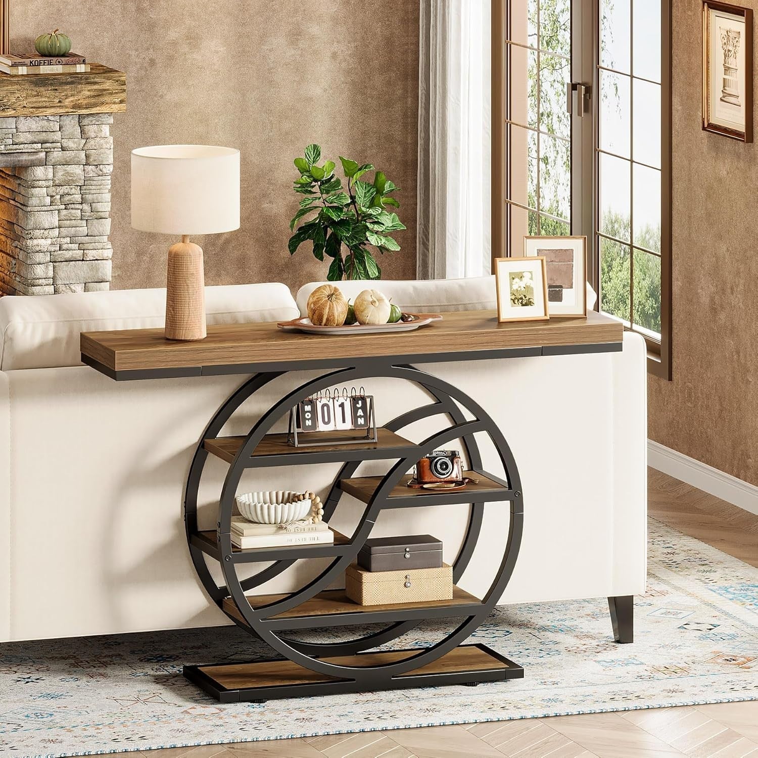 Industrial Console Table with Circle Base, 5-Tier Shelf, Narrow Entryway Decor