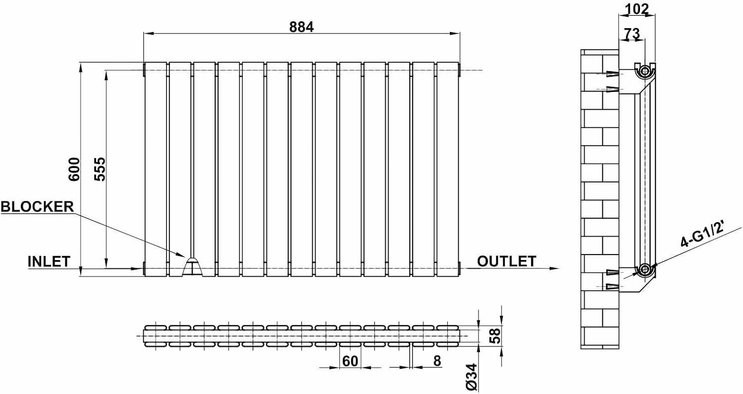 Horizontal Anthracite Radiator 600x884mm Double Flat Panel Modern
