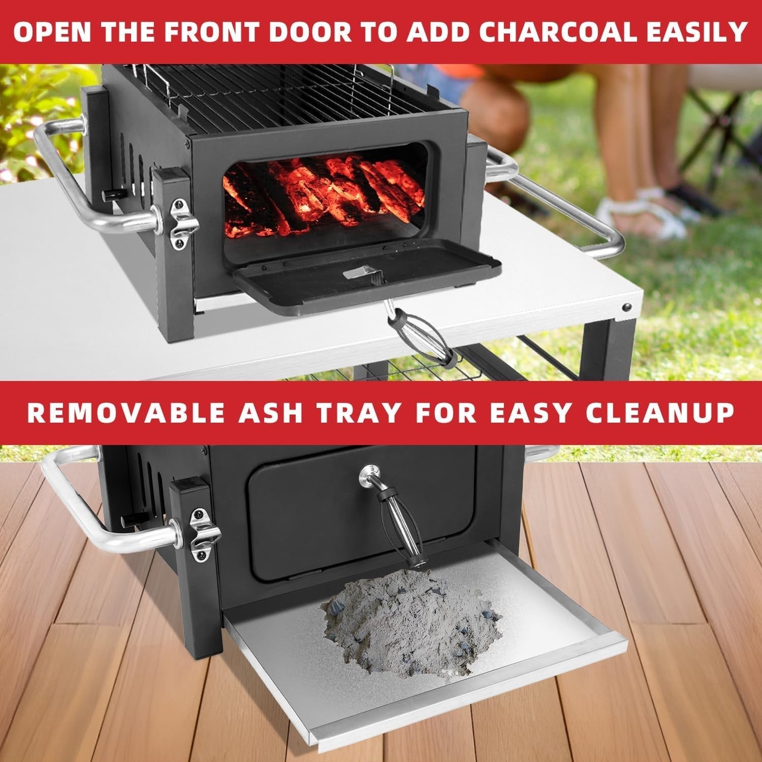 Portable Charcoal BBQ Smoker Grill with Thermometer – Dual Height Adjustable