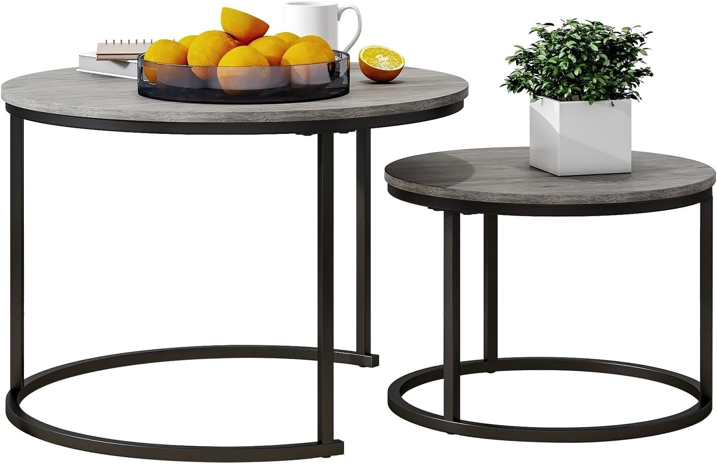 Round Nesting Coffee Table Set of 2 Modern Space-Saving Side Tables with Storage