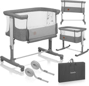 3in1 Baby Bedside Crib Co-Sleeper Cot with Mattress Adjustable Height Dark Grey