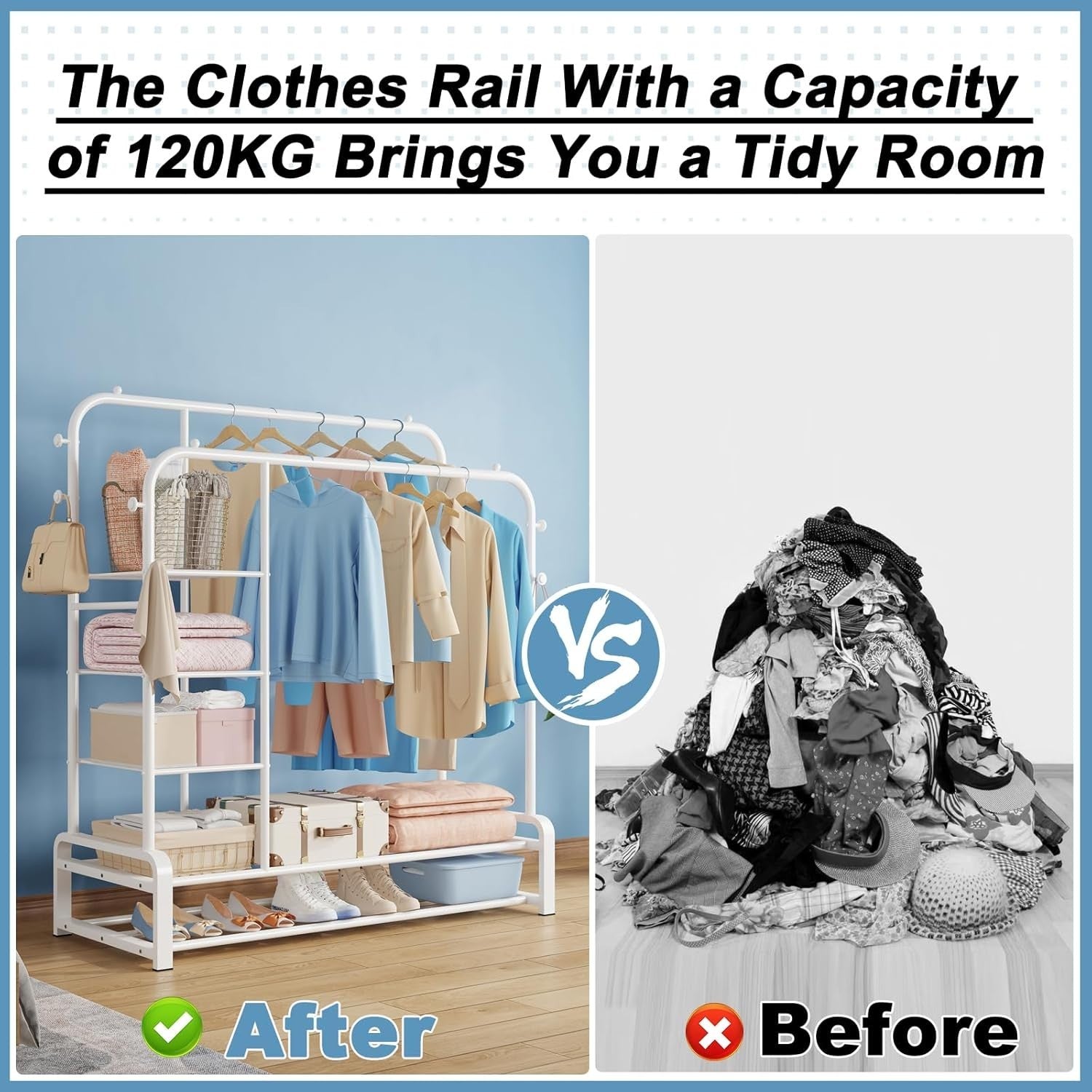 Heavy Duty Clothes Rail with Shelves & Hooks – White 110×145cm