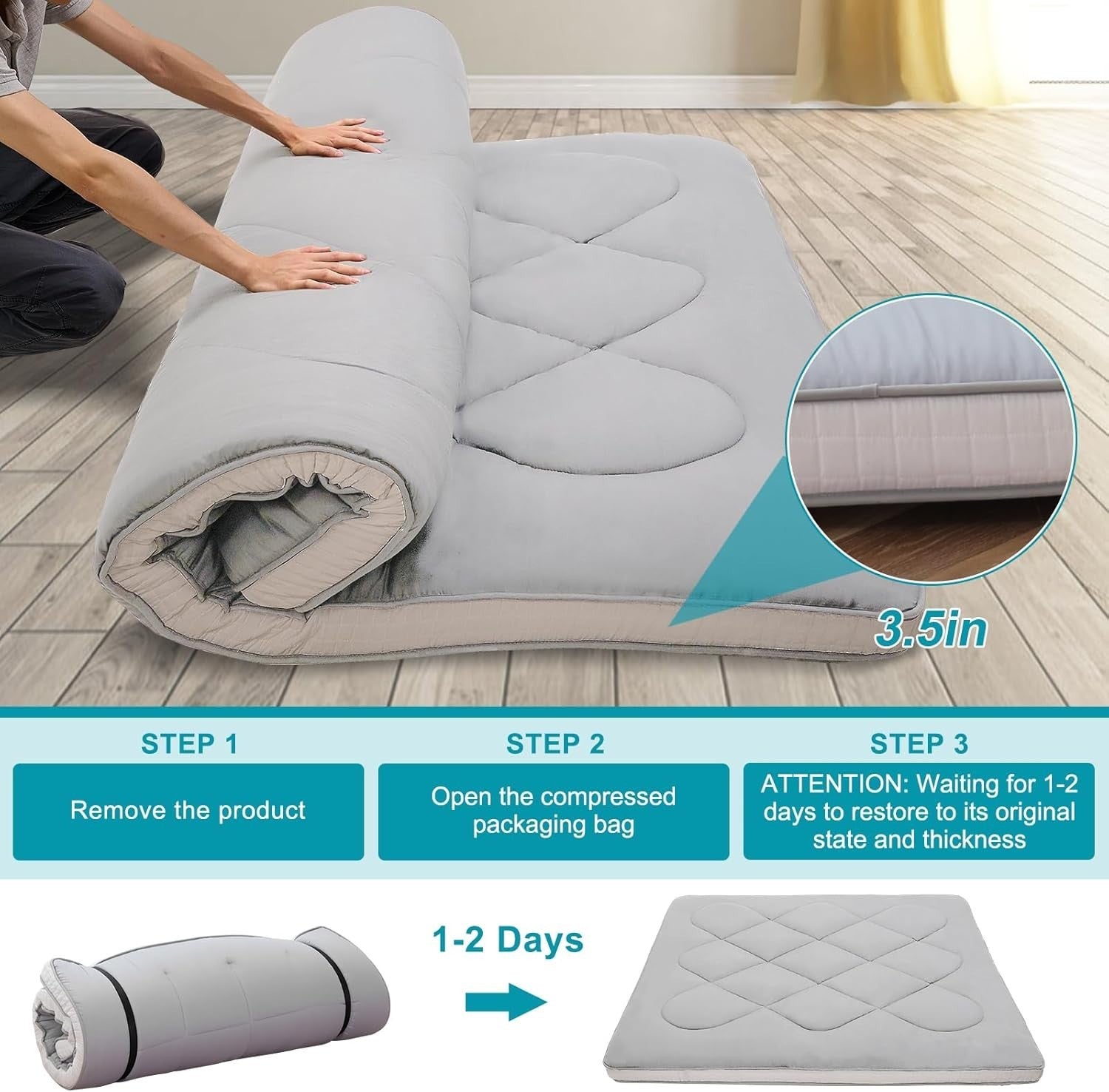 King Floor Futon Mattress Roll-Up Bed Tatami Camping Guest Foam Mat - Grey
