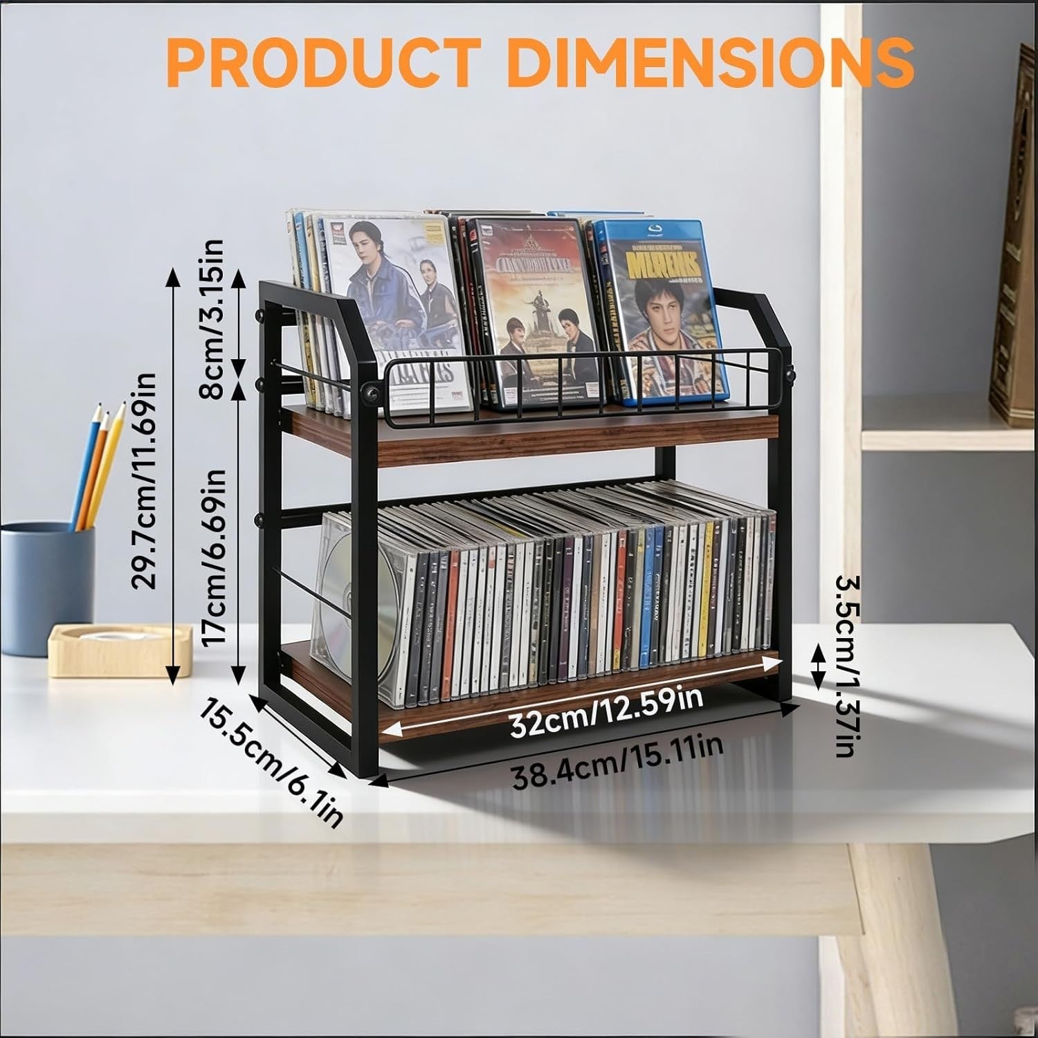 2 Tier CD DVD Storage Rack Desktop Media Organizer Holds 50 Cases Walnut