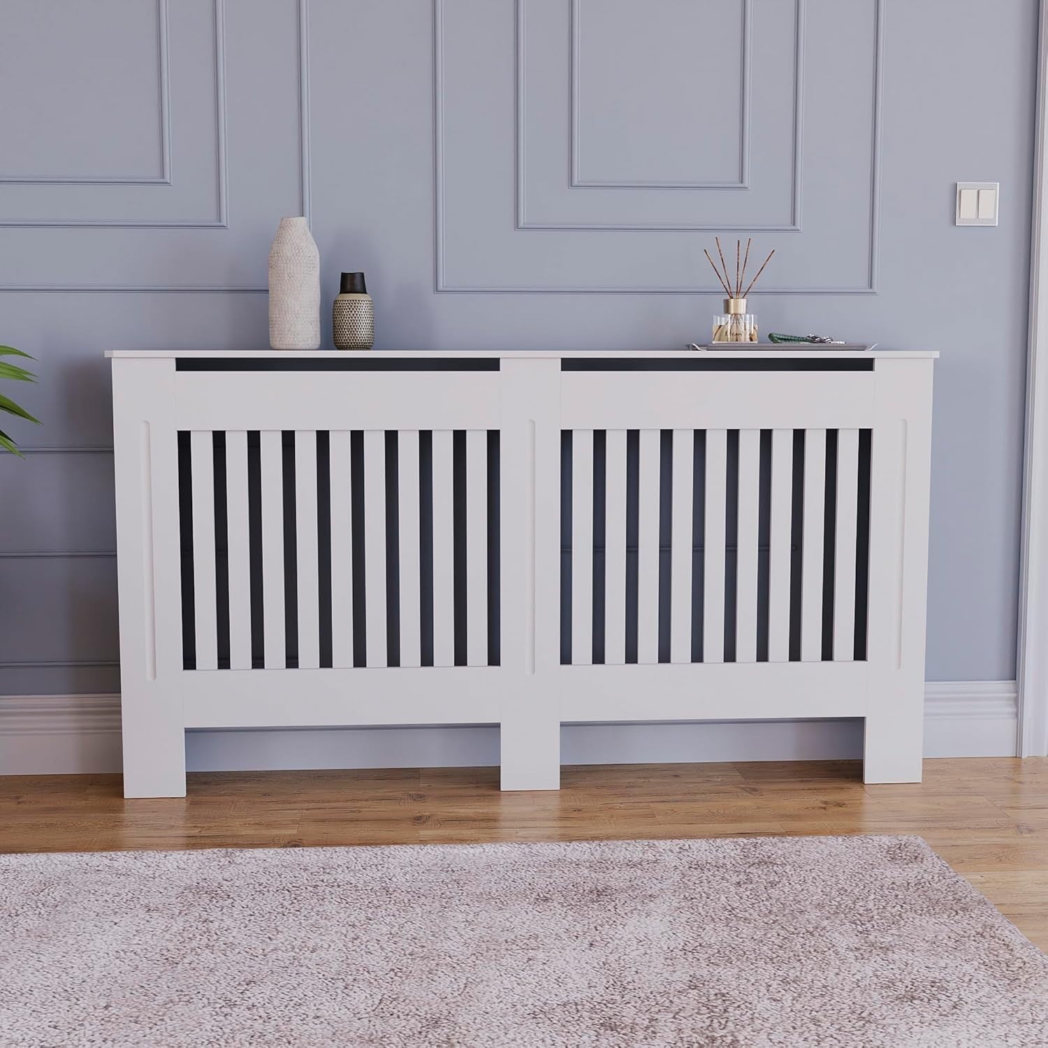 Large White Radiator Cover Cabinet | Modern MDF Slatted Heater Cover with Shelf