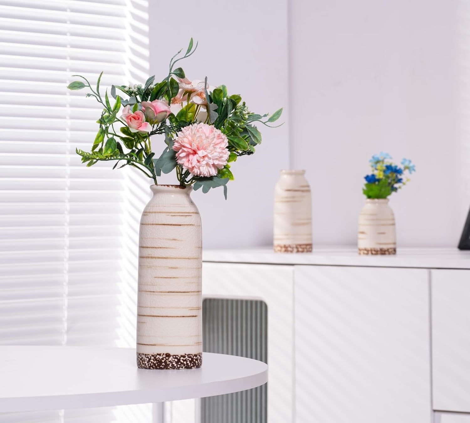 Beige Ceramic Vase Set of 3 Farmhouse Pampas Grass Vases Home Decor
