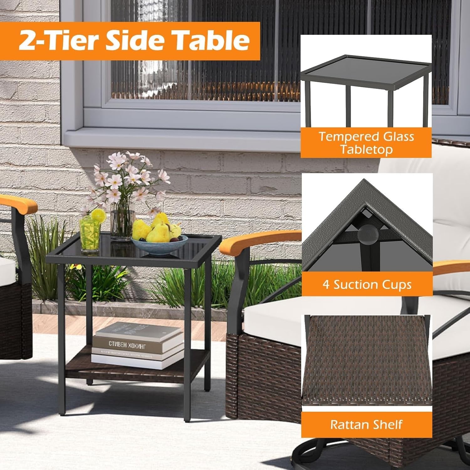 3PC Rattan Swivel Rocking Chairs Bistro Set Patio Garden Table Cushions