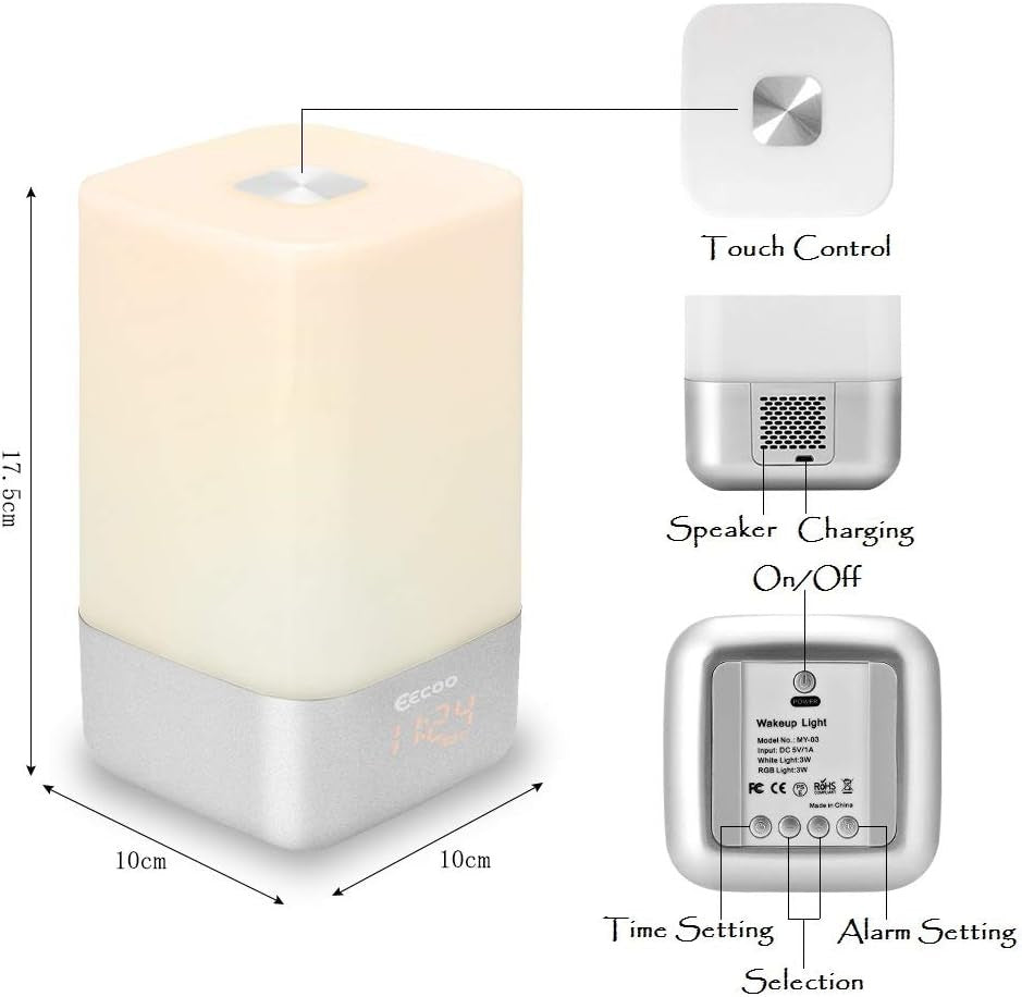 White Sunrise Wake Up Light Alarm Clock Touch USB Rechargeable Night Lamp