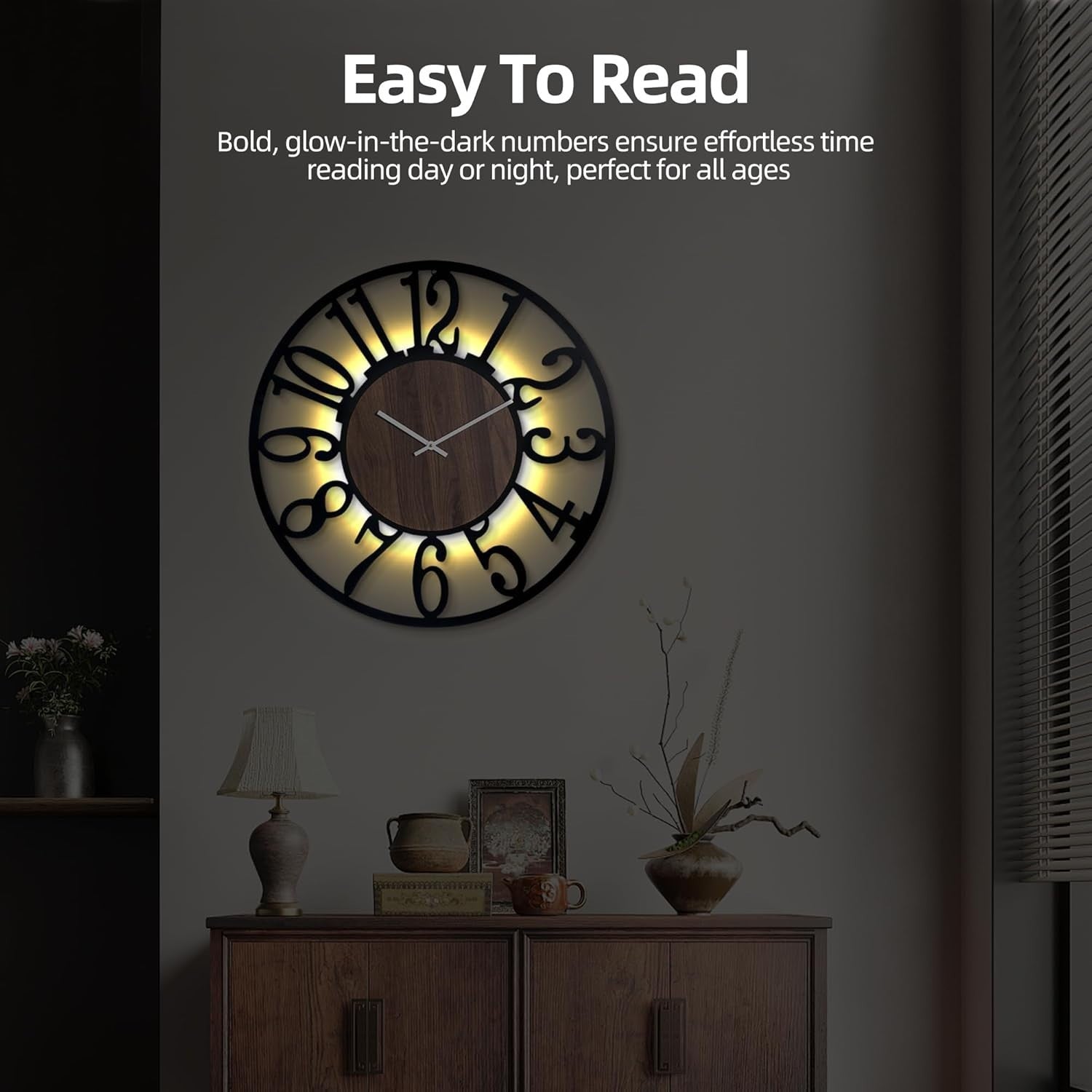 60cm Silent Glow Wall Clock LED Light Sensor Rustic Metal Decor