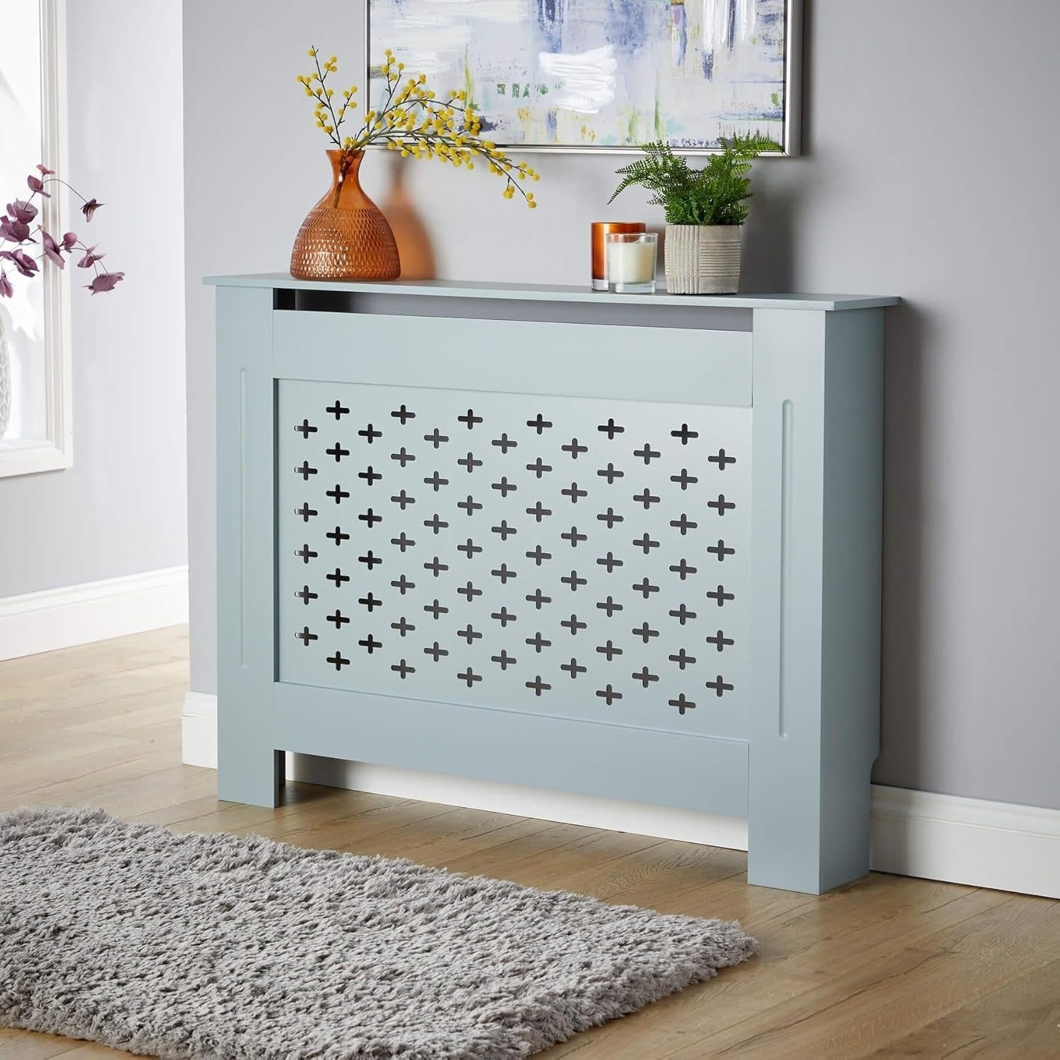 Grey Radiator Cover Medium 112cm Wooden Cabinet with Decorative Grill & Shelf