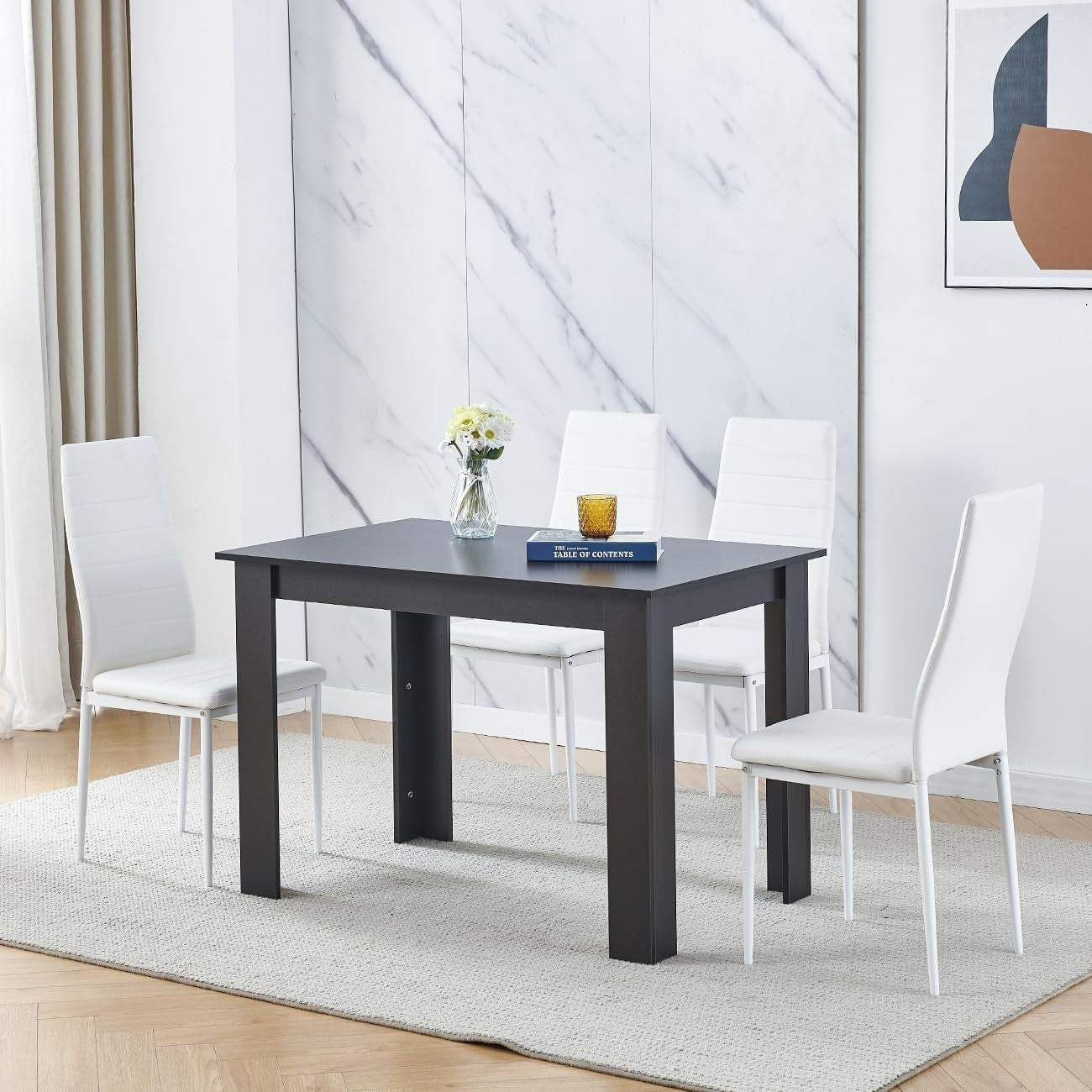 110cm Black Dining Table Set with 4 White Faux Leather Chairs Kitchen