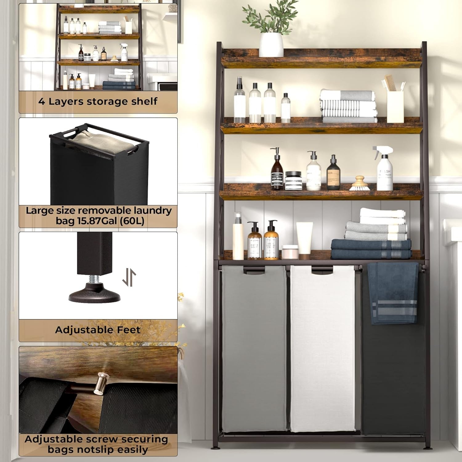 3 Section Laundry Hamper with 4 Tier Shelf Rustic Brown Unit Removable Bags Whee