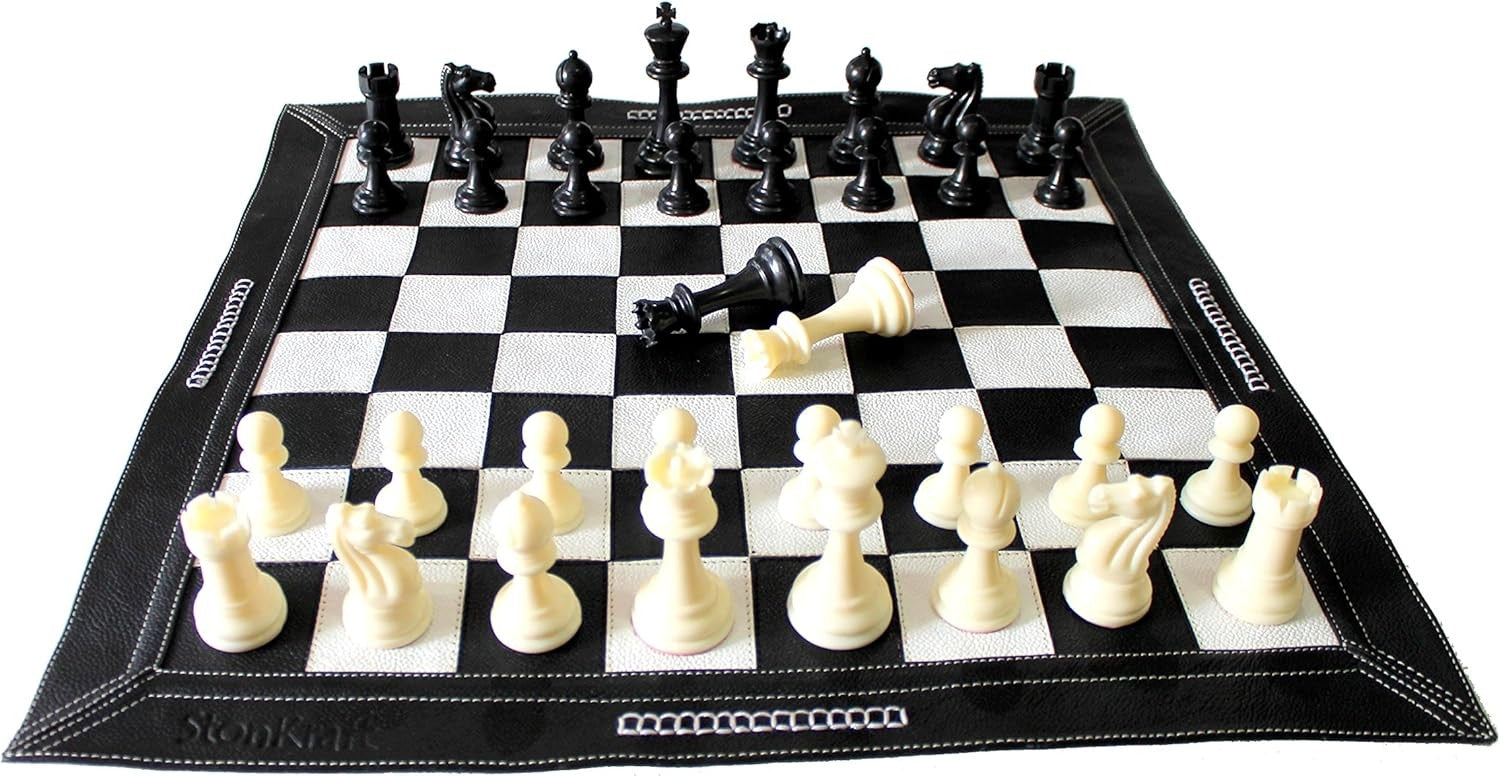 19" Leather Roll-Up Tournament Chess Set Portable Mat w/ Staunton Pieces Black