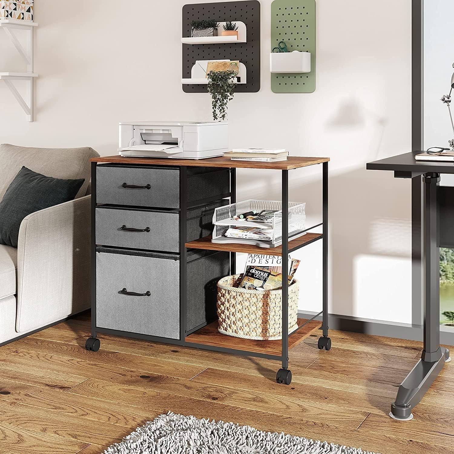 Grey Mobile File Cabinet 3 Drawer 75cm Printer Stand Storage