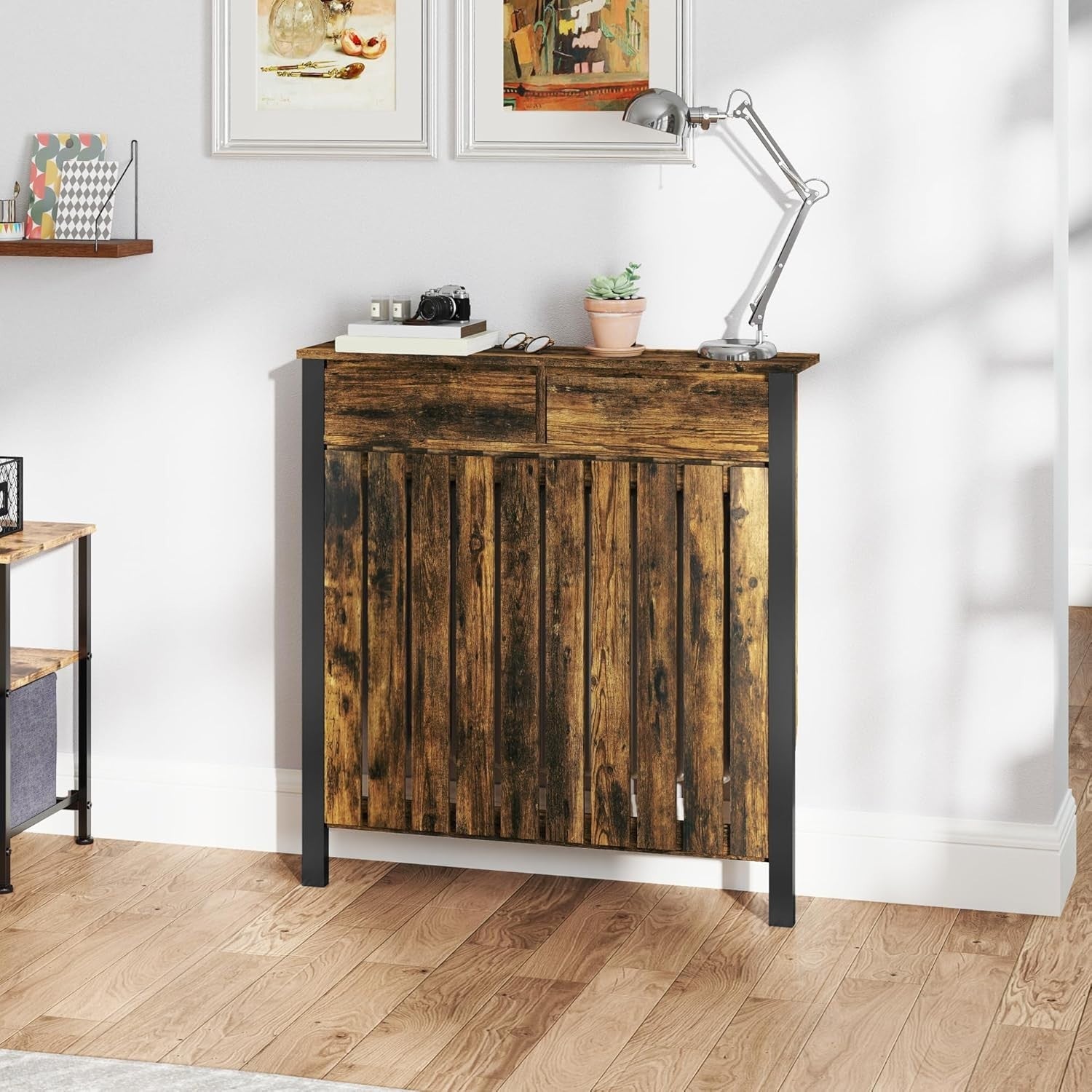 Rustic Brown Radiator Cover with Drawer Industrial Wood Cabinet