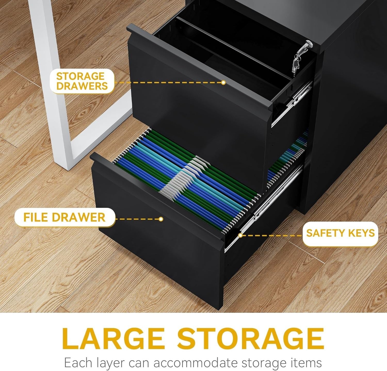 Black Mobile Filing Cabinet 2 Drawer Lockable Anti Tip Under Desk