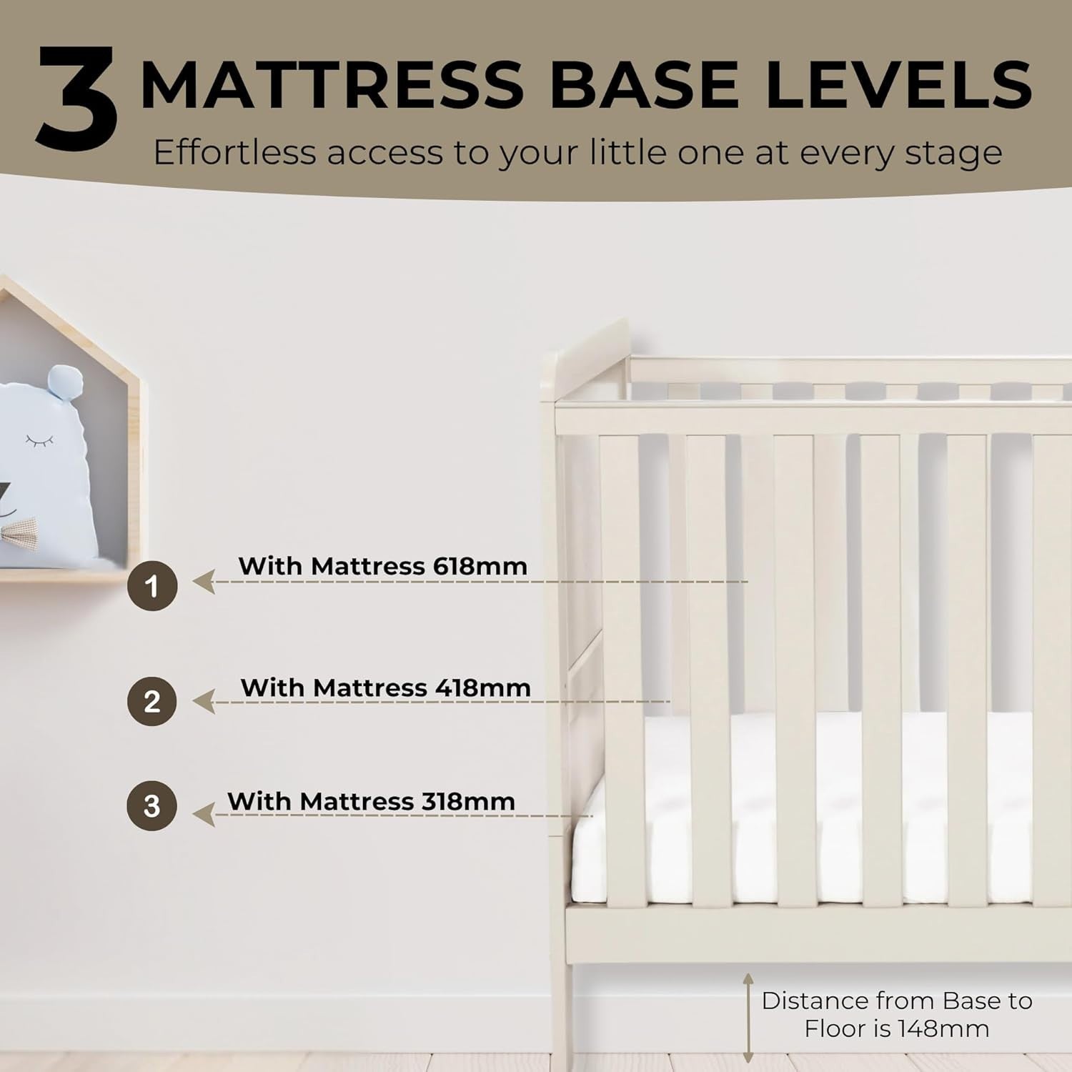 Convertible Mini Baby Cot Bed Toddler Bed Adjustable Height with Teething Rails