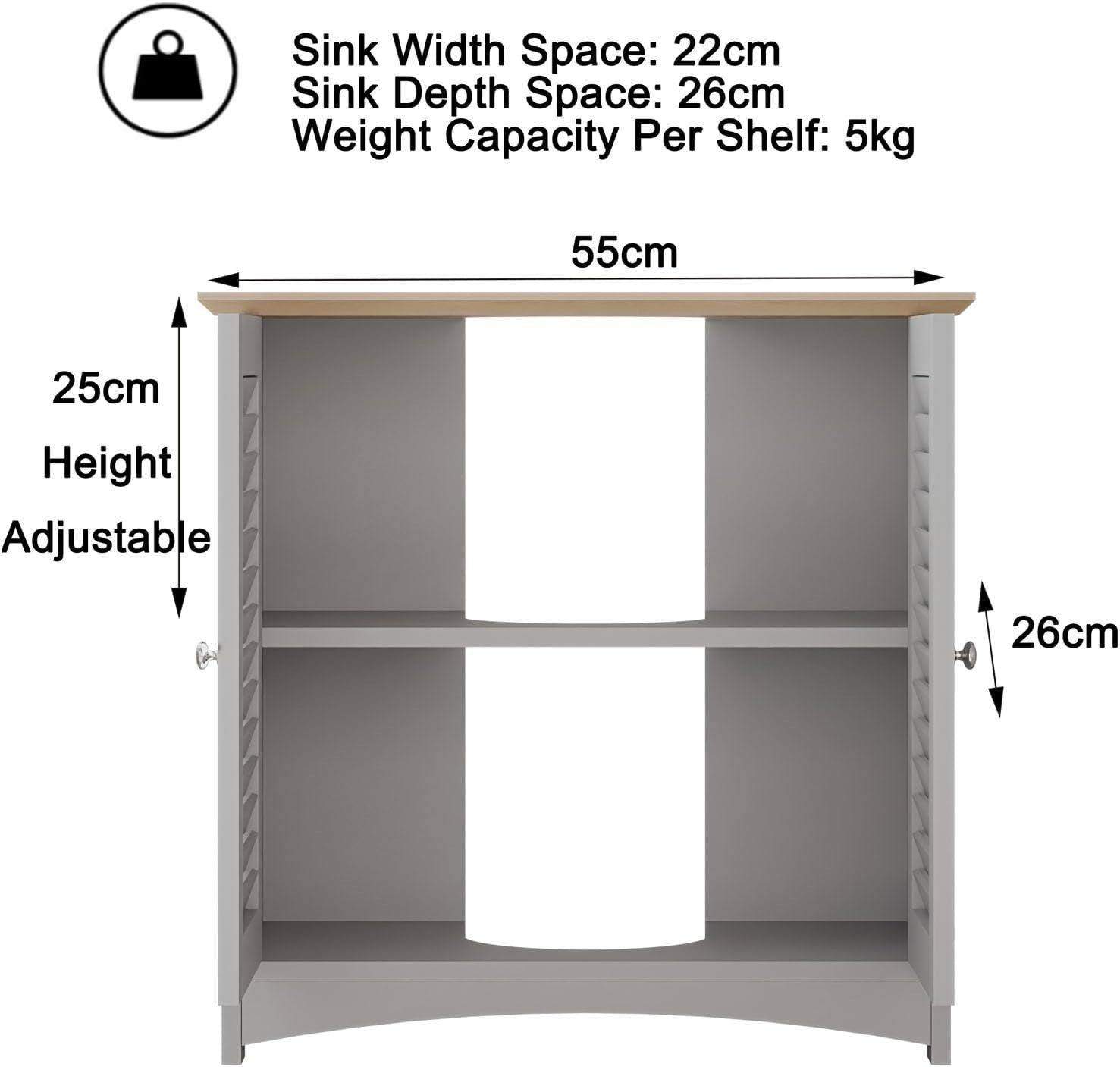 Grey Under Sink Bathroom Cabinet w/ Oak Top | 60cm Cupboard, Shutter Doors