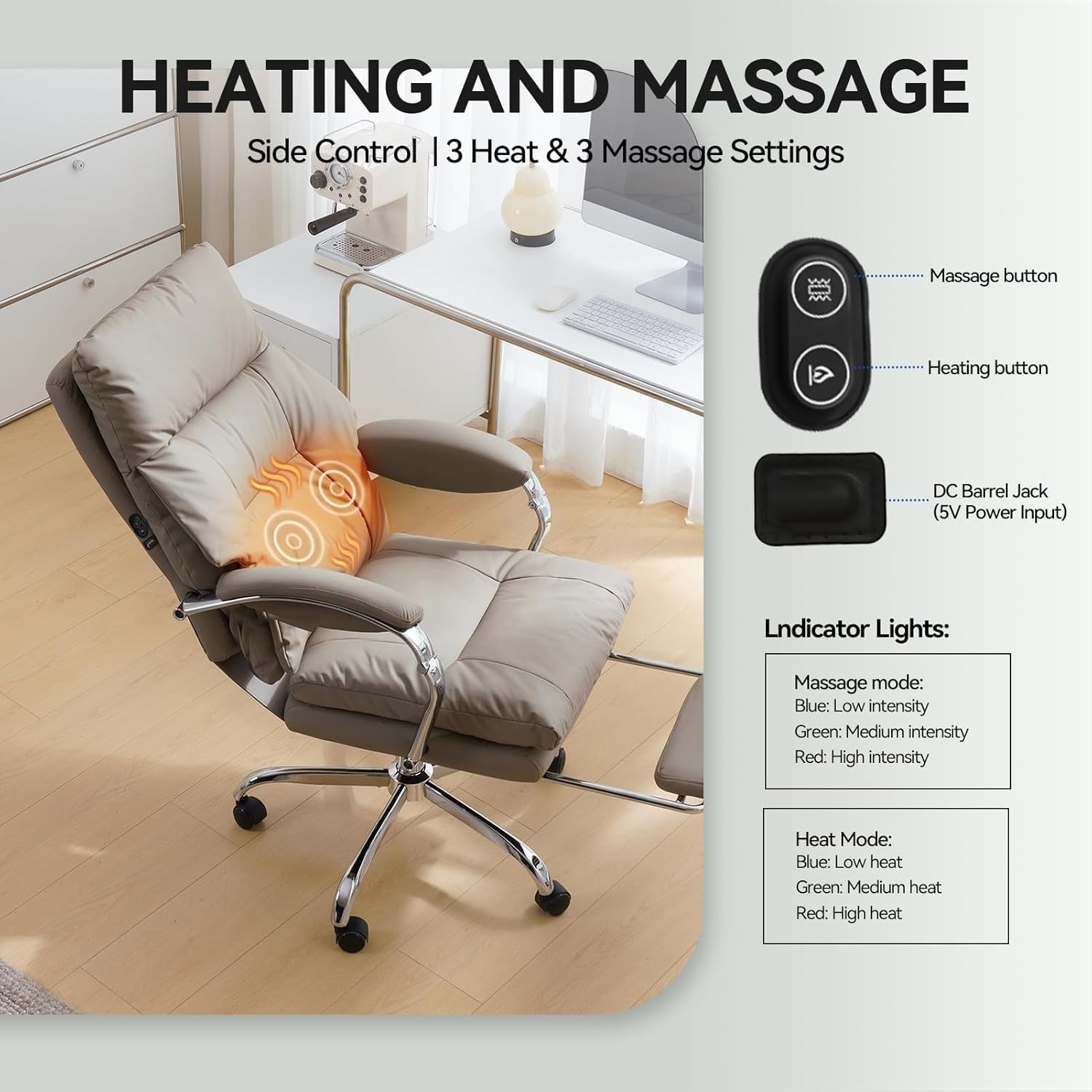 Heated Massage Office Chair Recliner Footrest Ergonomic High Back Khaki