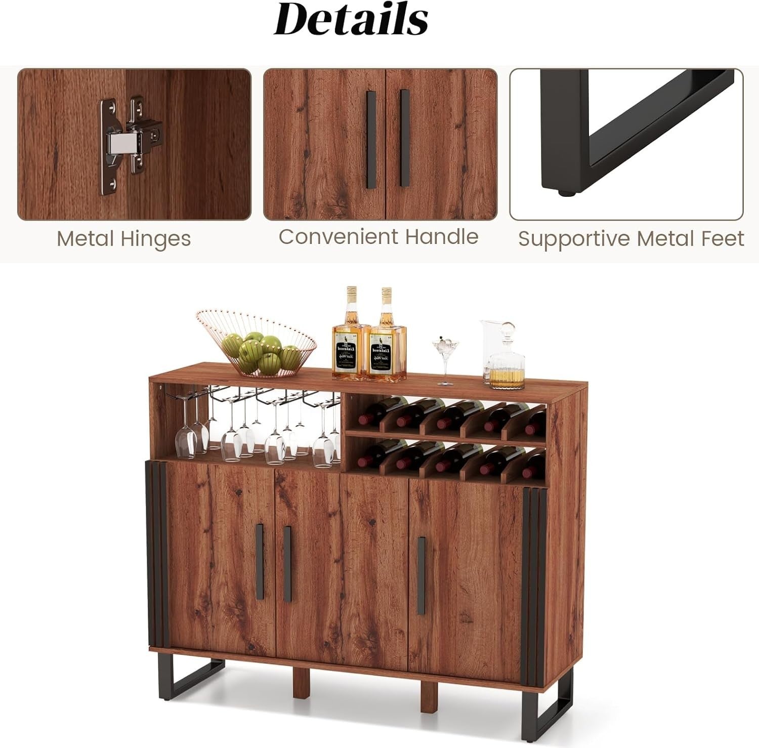 Large Wooden Wine Bar Sideboard Cabinet with Wine Rack & Glass Holder, Rustic
