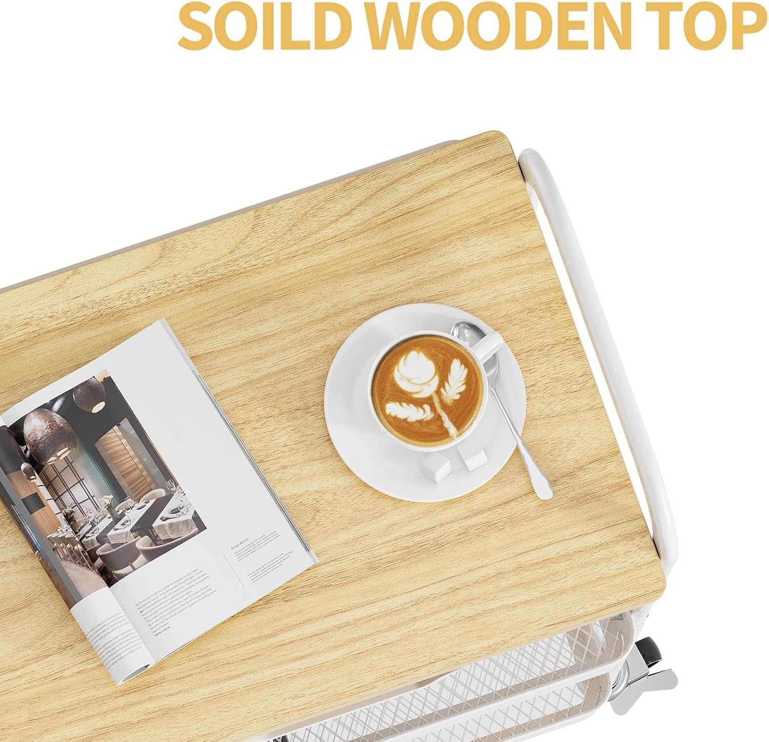3 Tier Storage Trolley on Wheels with Drawer Wooden Top Kitchen Organizer