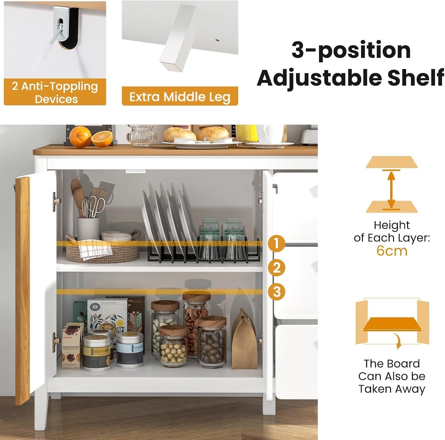Adjustable Wooden Sideboard Cabinet with 3 Drawers & Large Storage Space